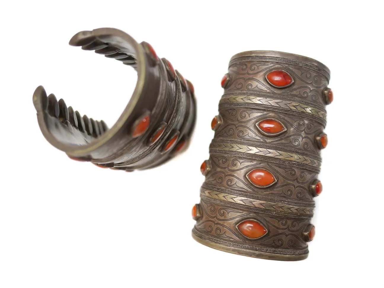Silver Turkmen Bracelet Cuffs with Agate & Special Ancient Designs