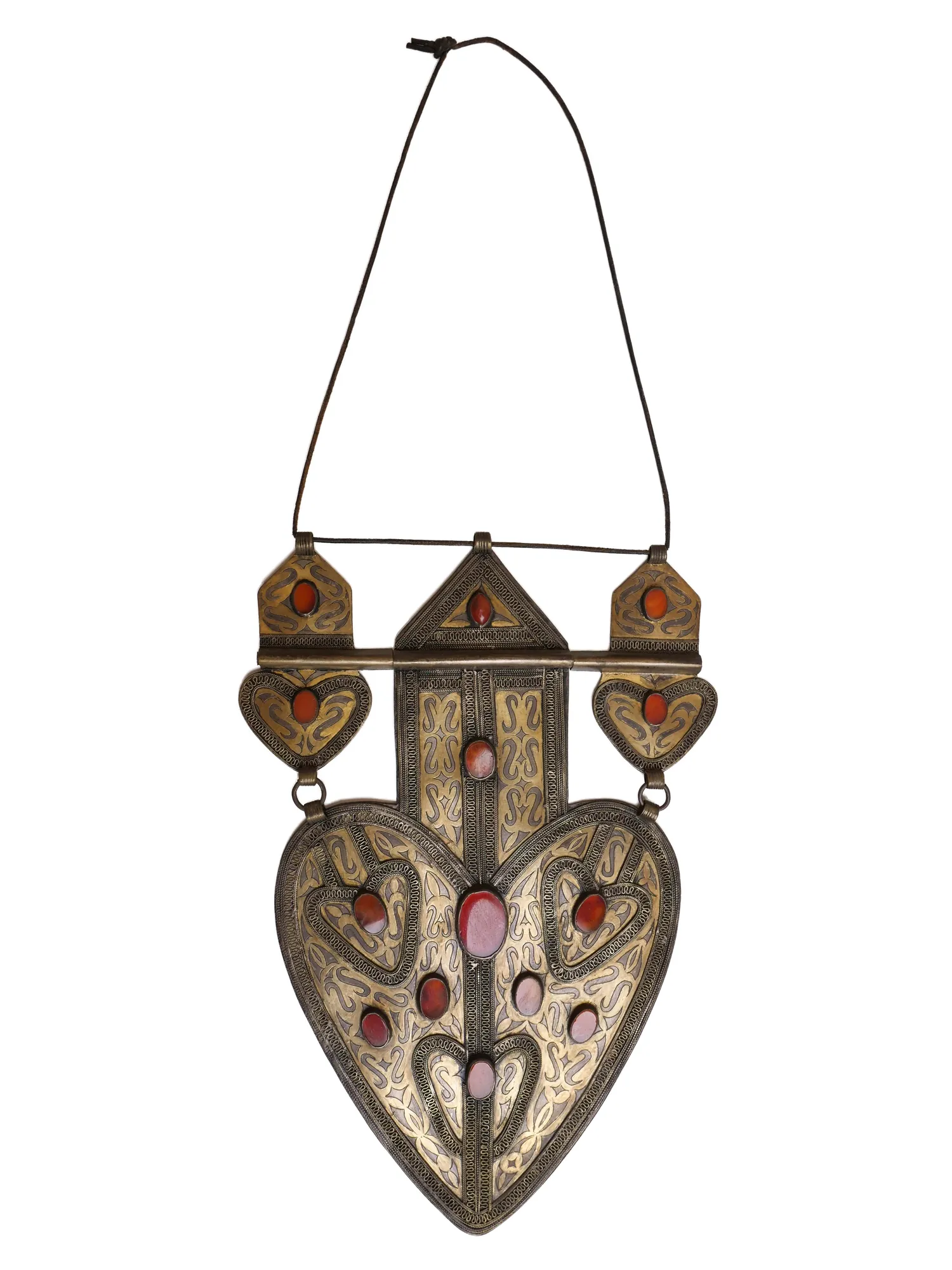 Turkmen Silver & 14 Agate Heart Dowry Necklace
