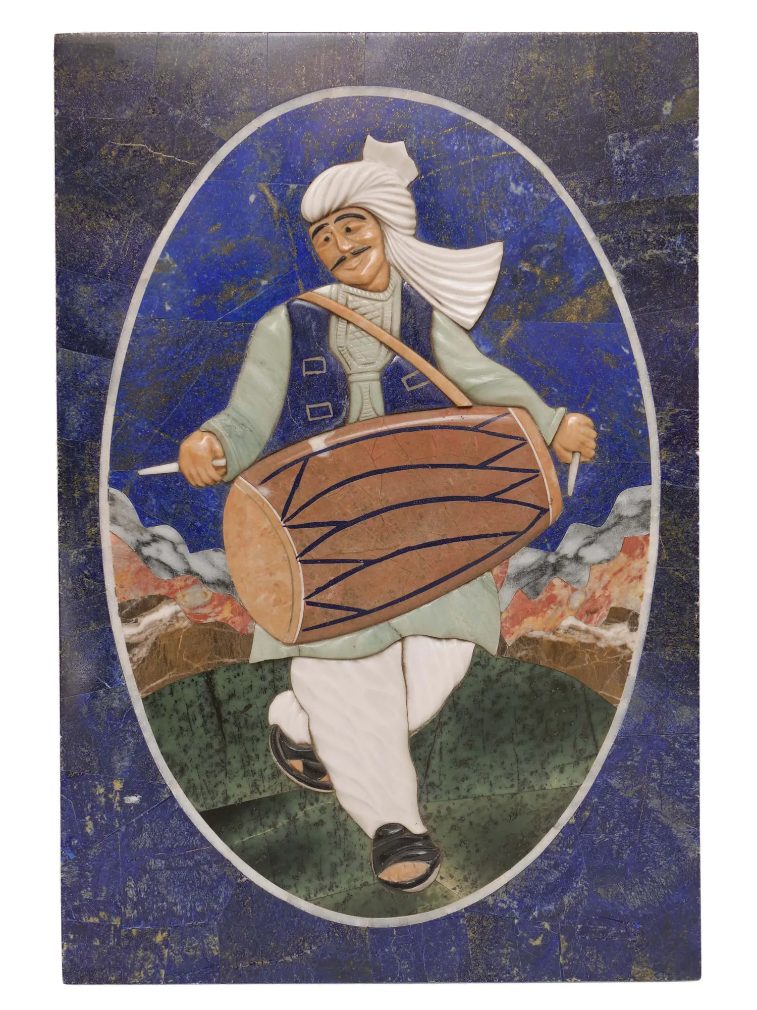 Sculpted Semi-Precious Stone Mosaic Relief of Afghan Playing Dohol for Afghan Aten Mali