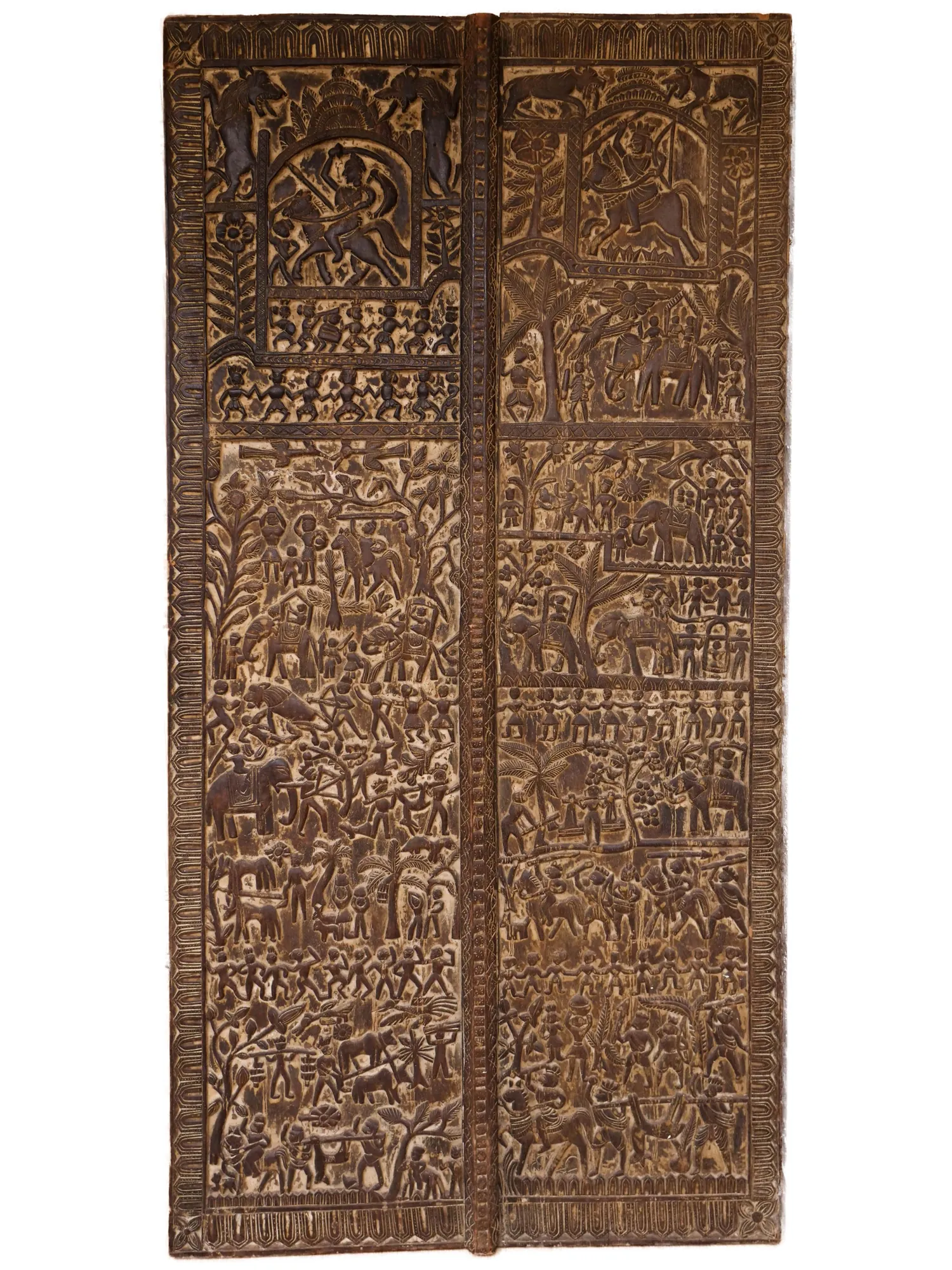 Indian History Carved Relief Wood Panel